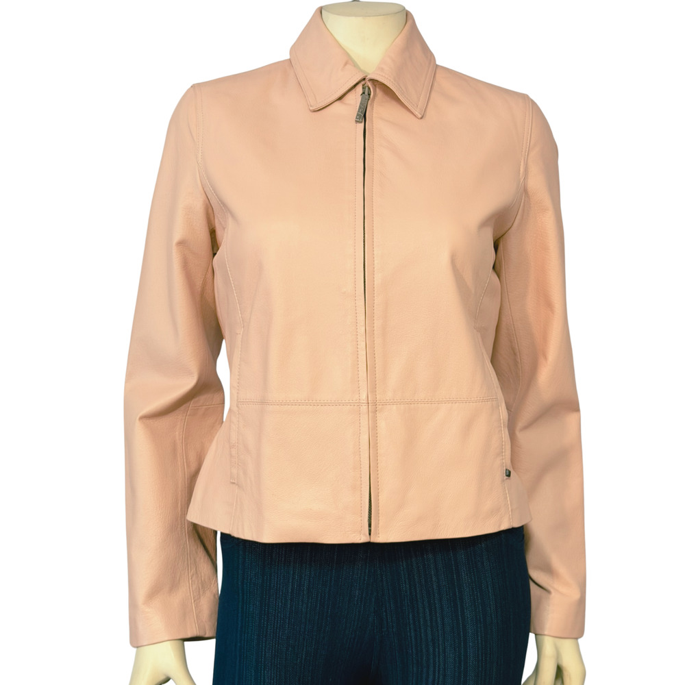 Black Rivet Sz S Tailored Leather Jacket Soft Pink Zip Front Lined Moto Style
